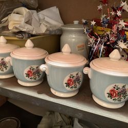 4 Blue Floral Jars W/ Lid 