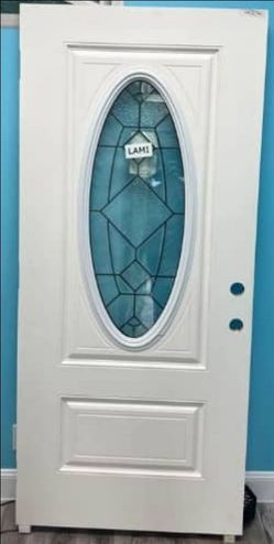 White Steel Entry Door with Oval Glass Insert