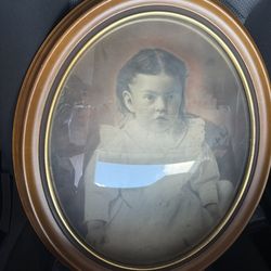 Antique Early 1900s Convex Oval Portrait of a Child - Original Glass & Wooden Frame, 19.5x15.5"
