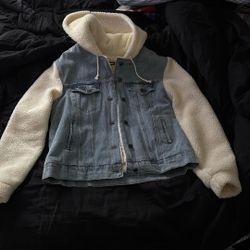 Fleece-Sleeve Jean Jacket With Hood  