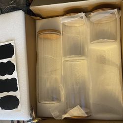 4- Tall Glass Canisters with Bamboo lids and labels- BRAND NEW