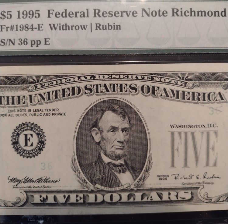 1995 $5 Federal Reserve Richmond Note Insufficient Ink Error PMG 64
