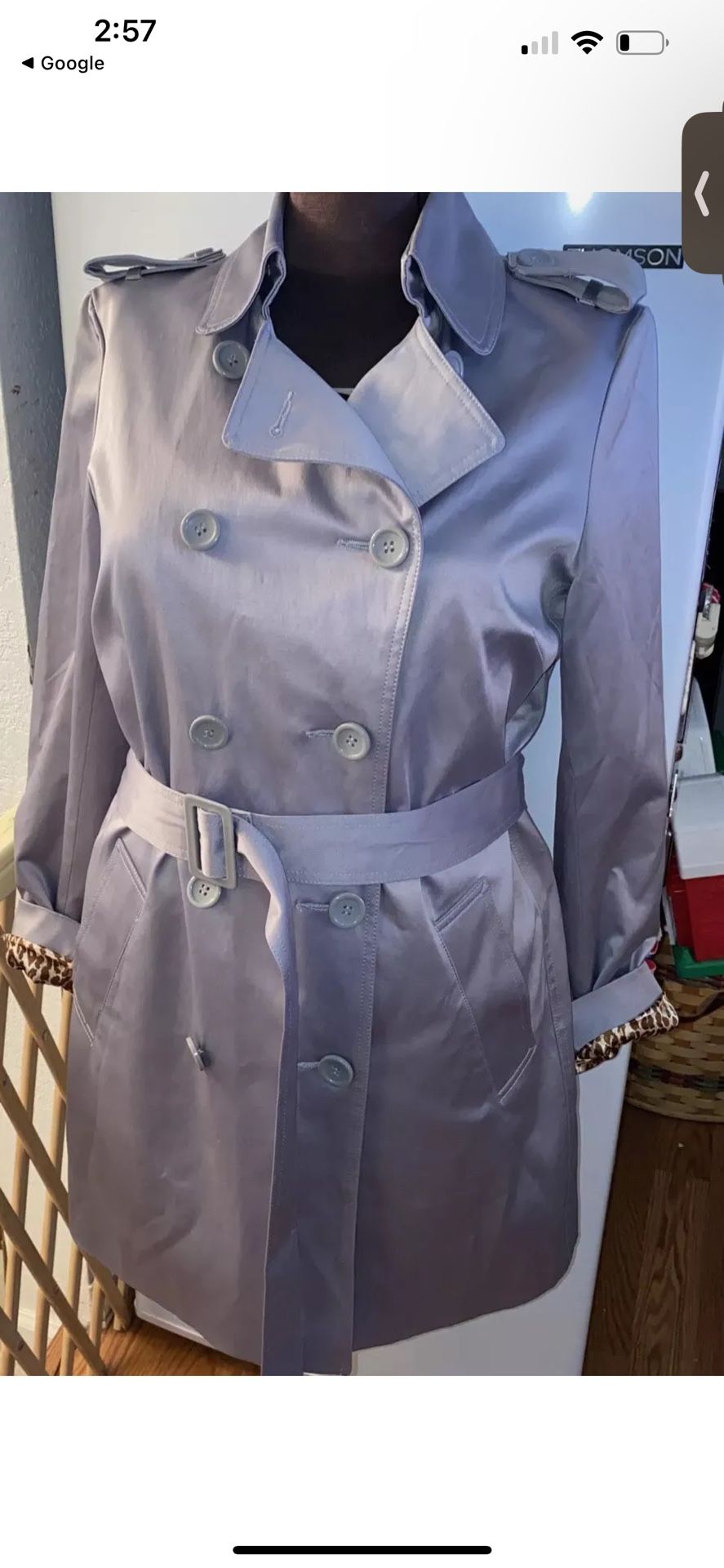 Joan Rivers Gray Satin Classic Trench Rain Coat Windbreaker Jacket LINED XS