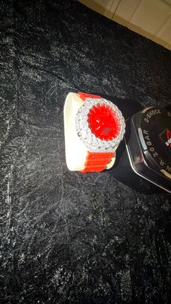 Iced Out Watch with Red Rubber Band