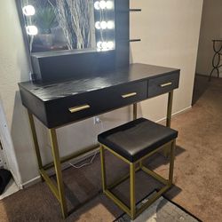 Dresser For Women Black Vanity & Stool Set with LED Lights and Mirror Wide F434

