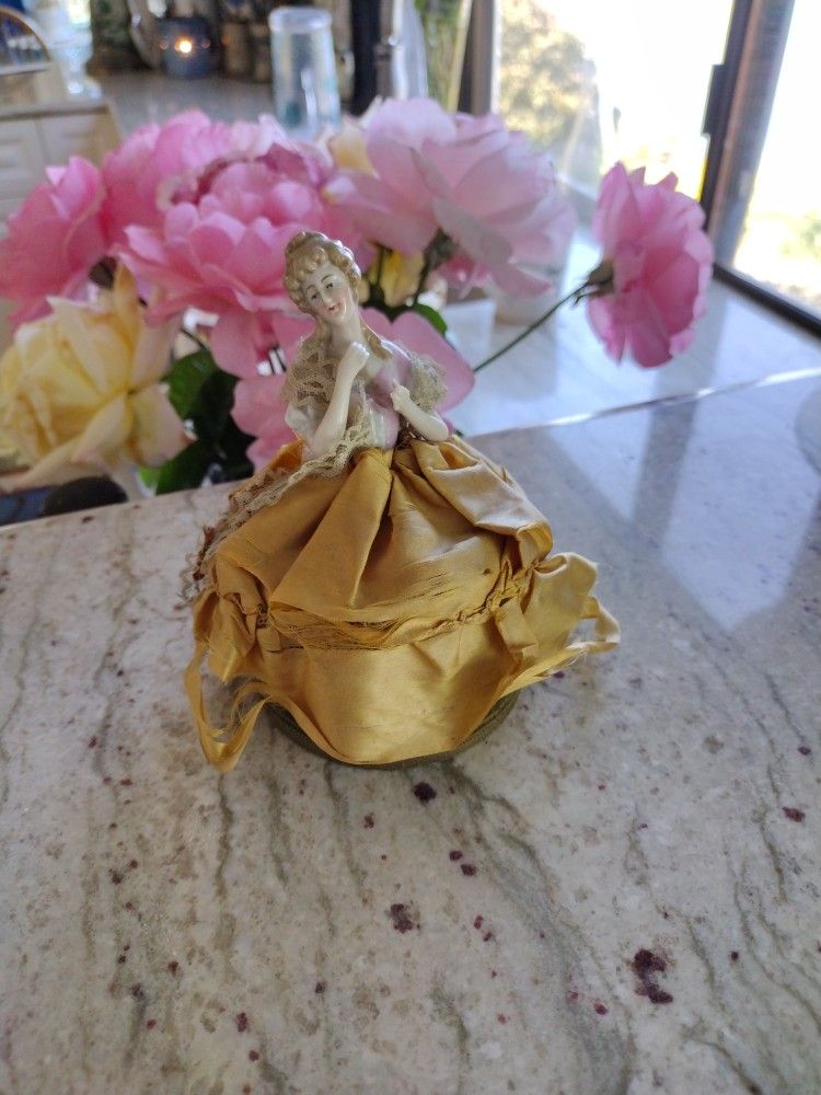 Antique Half Doll On Powder Box - Germany - Early 1900's