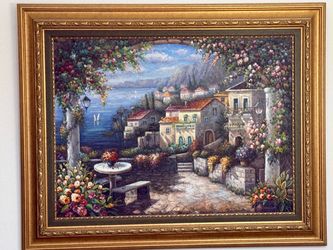 Mediterranean Coastal Village Oil Painting Framed