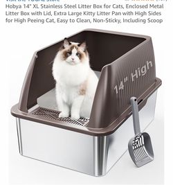 Hobya 14" XL Stainless Steel Litter Box for Cats, Enclosed Metal Litter Box with Lid, Extra Large Kitty Litter Pan with High Sides for High Peeing Cat