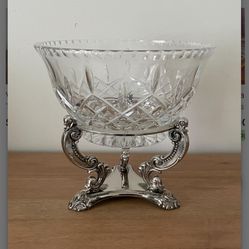 1980s Vintage Godinger Victorian Revival Shannon Cut Crystal Centerpiece Compote Bowl & Stand