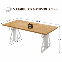 NEW Farmhouse Dining Table for 6 – 71" Oak Wood Top with White Scroll Metal Legs
