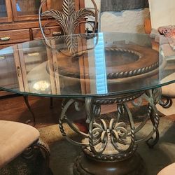 Unique Glass-Top Dining Set with Base & Foliage 4 Chairs