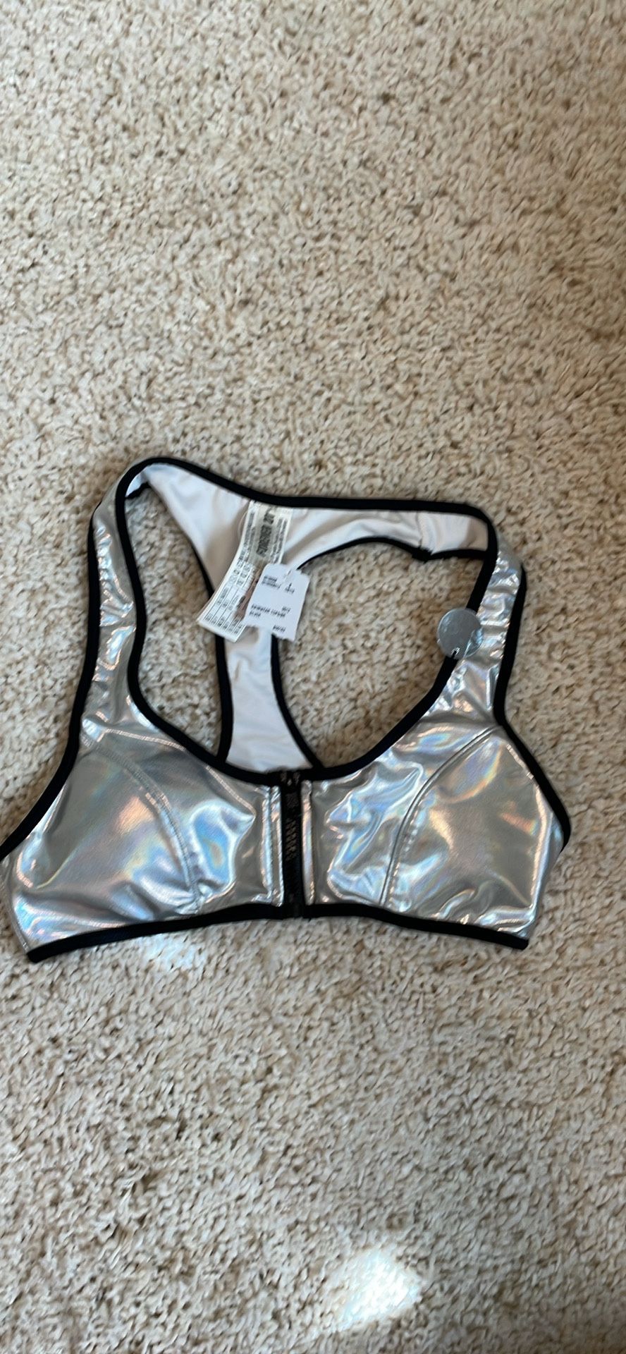 Forever 21 new swimsuit bikini sport bra top silver black zip front small halographic
