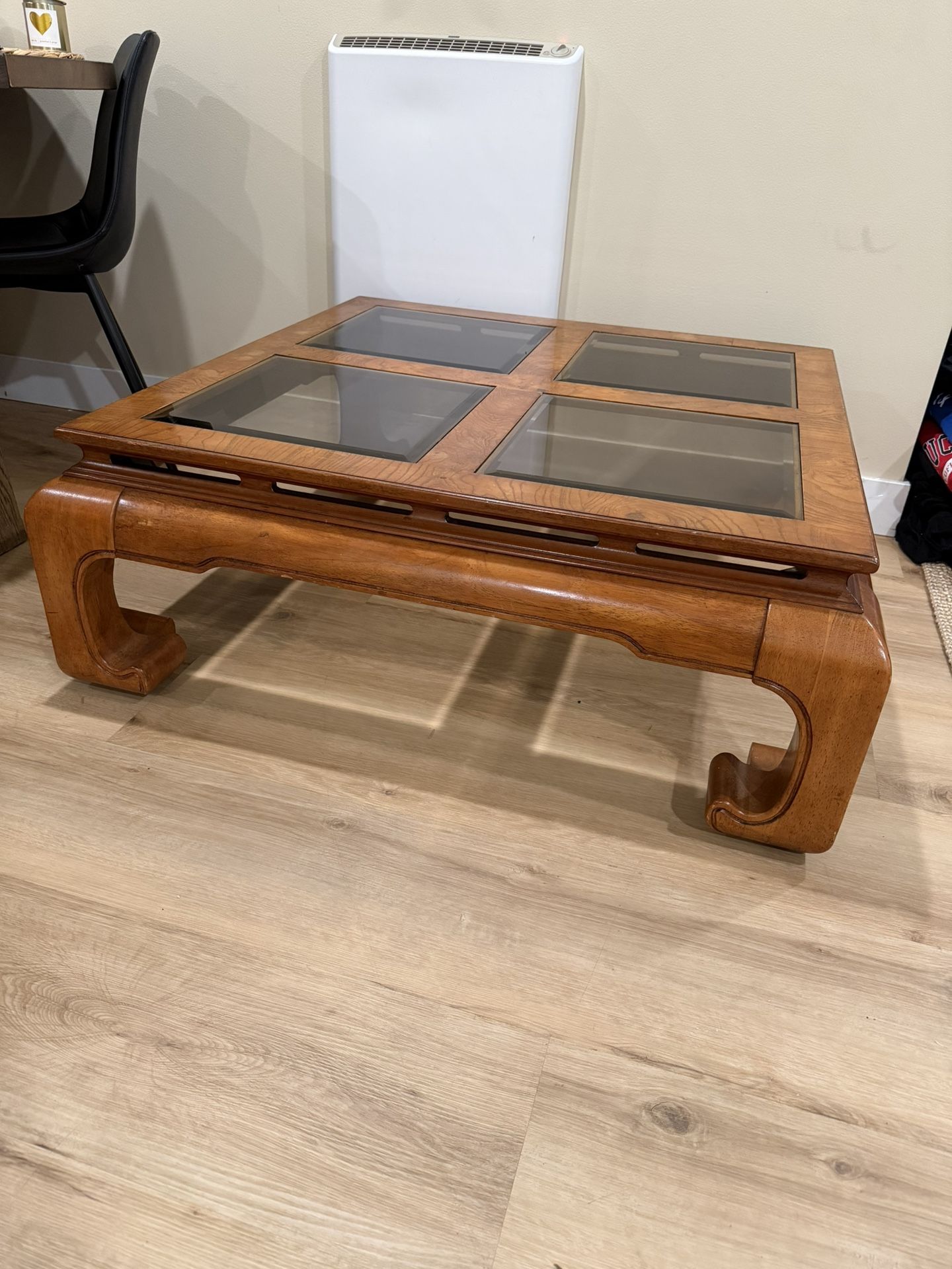 Vintage Ming-Style Burl Wood Coffee Table w/ Glass Panels - Chinoiserie Design