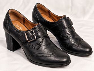 Clarks Artisan Black Leather Brogue Buckle Heels, Size 7