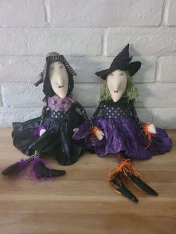 2 Fancy Cloth WickedWitxh Halloween weighted shelf sitting folk art rag dolls
