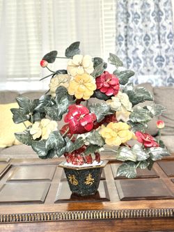 CARVED JADE AGATE BONSAI FLOWERS TREE 28” TALL