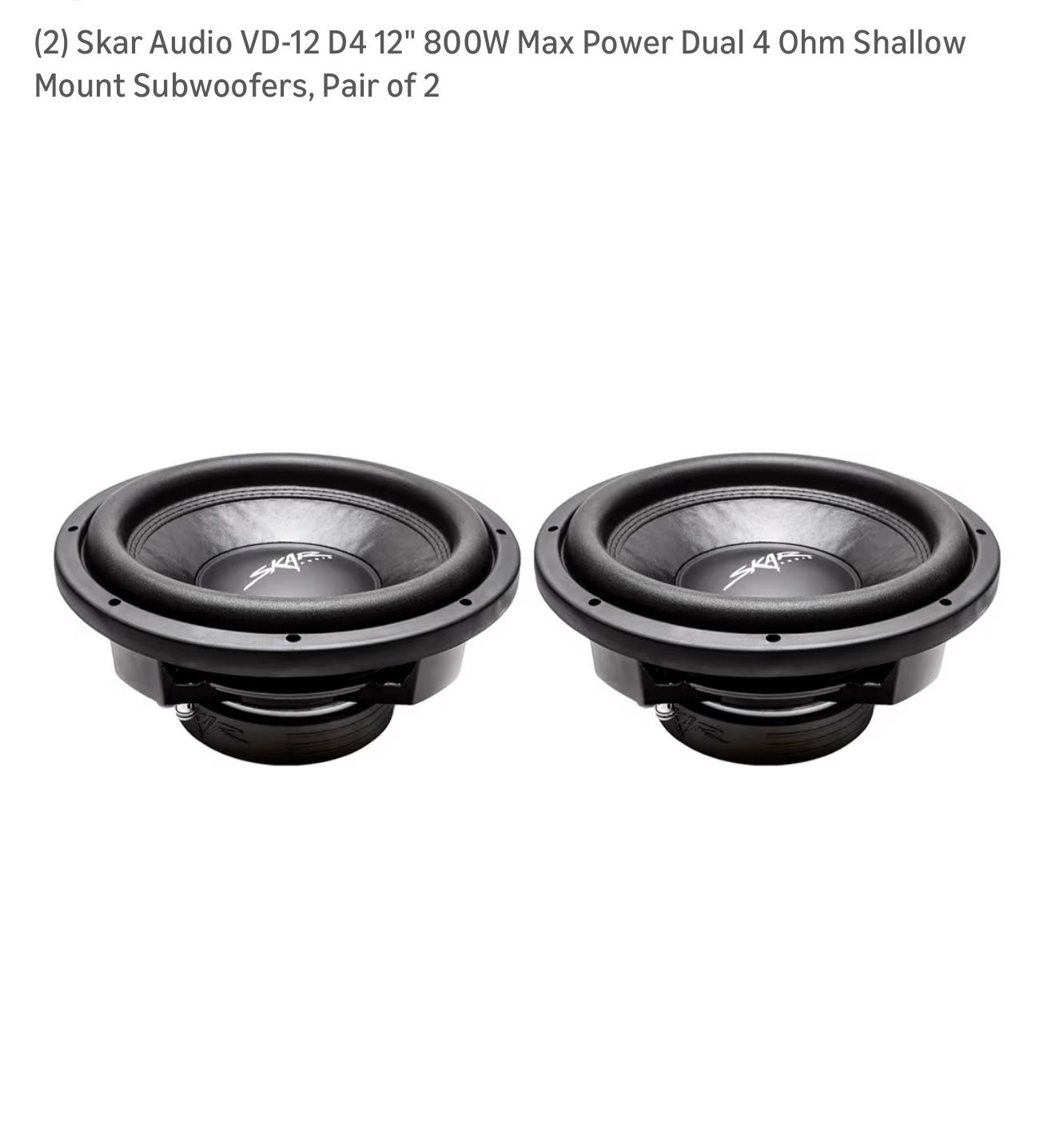 (2) Skar Audio VD-12 D4 12" 800W Max Power Dual 4 Ohm Shallow Mount Subwoofers