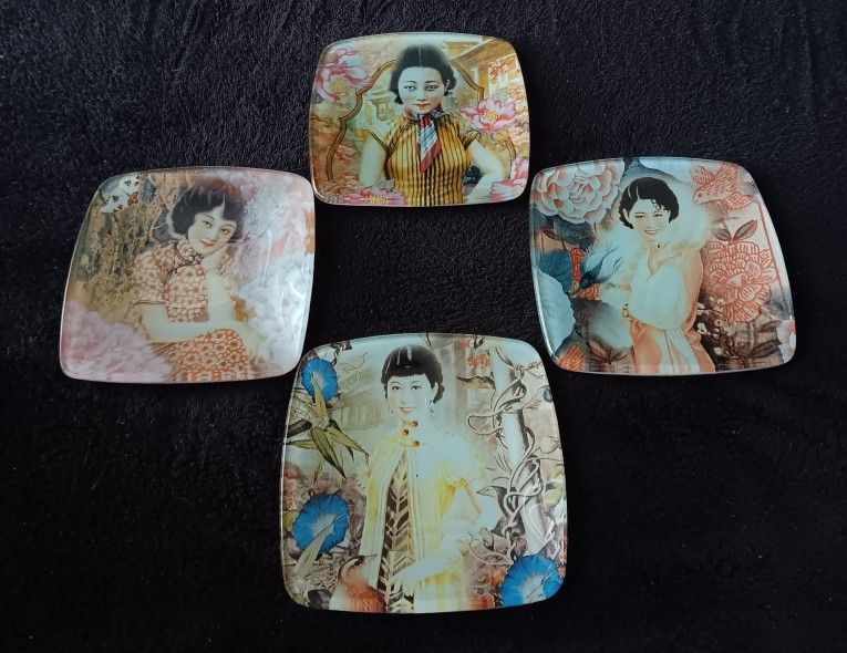4 Vintage Asian Geisha Girls Square Trinket Glass Plates 