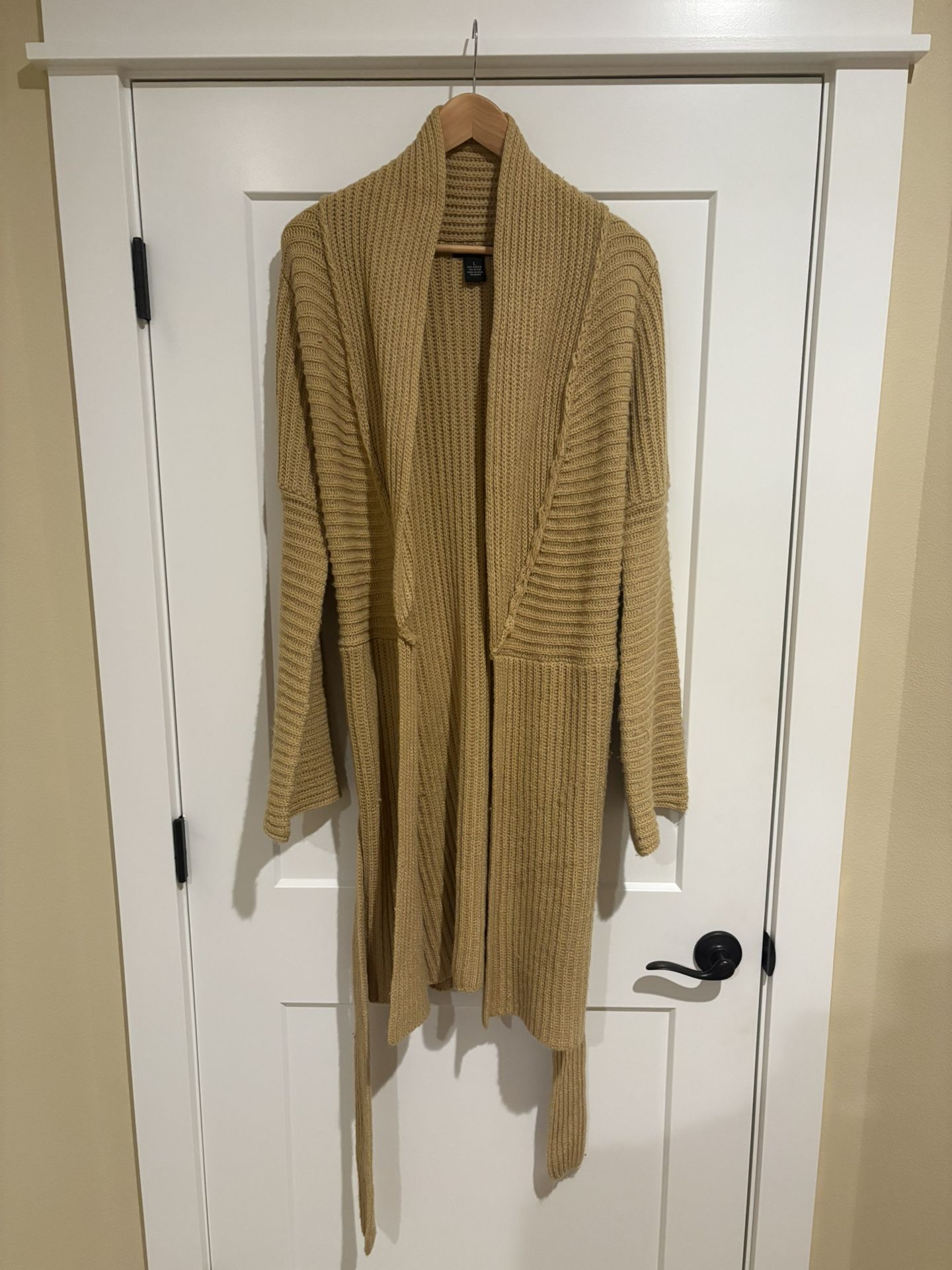 BCBGMAXAZRIA Camel Ribbed Belted Long Cardigan – Size Large
