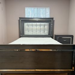 Gray Upholstered Queen Bed with LED Headboard