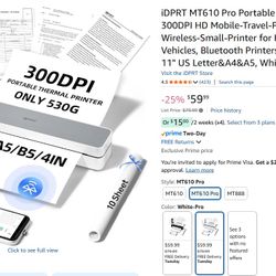 iDPRT MT610 Pro Portable Thermal Printer, 300DPI HD Mobile-Travel-Printers, Inkless-Wireless-Small-Printer for Home Use, Office, Vehicles, Bluetooth P
