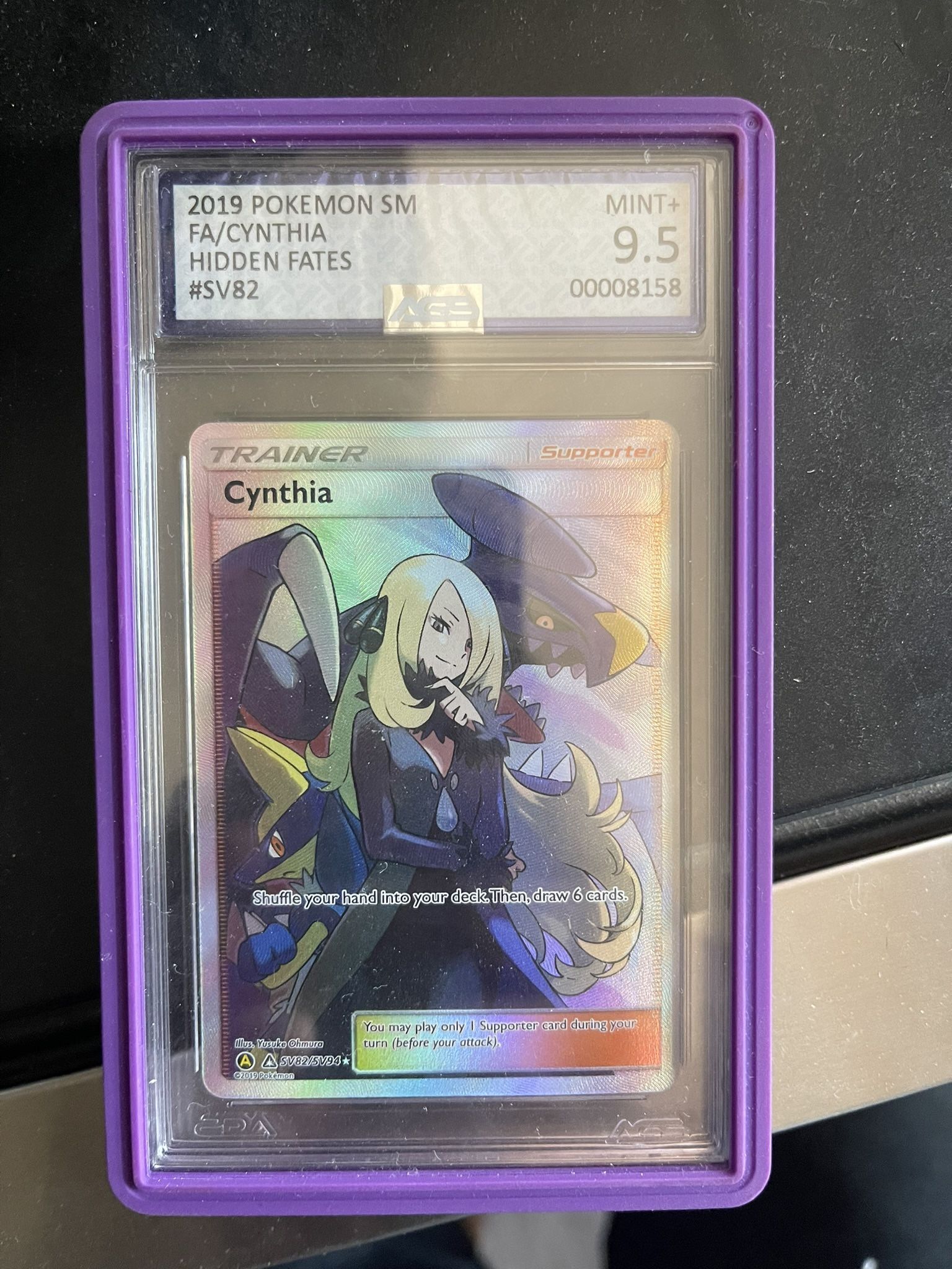 2019 POKEMON SUN & MOON HIDDEN FATES SV82 FULL ART/CYNTHIA AGS 9.5