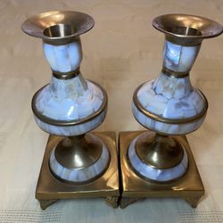 Pair Of Hand Made Brass And Pearl Inlaid Candle Holders 