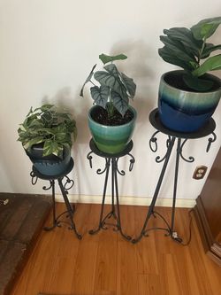 Set of 3 Black Wrought Iron Plant Stands w/ Artificial Plants