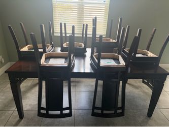 6-Piece Rectangular Dark Wood Dining Table Set w/ 6 Black Faux Leather Chairs