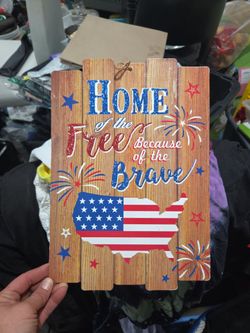 'MERICA... RED WHITE & BLUE HANGING SIGN approx 15"h  x 10"w