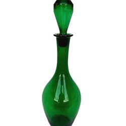 Antique Glass Empoli Italian Emerald Green Decanter Genie Bottle With Stopper