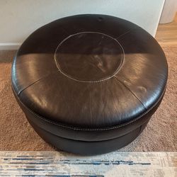 Large Round Black Faux Leather Ottoman With Casters