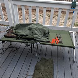 Military cot with insect net protection, stakes, pins ,Olive Green Top Load Duffle Bag,