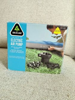 Portable Greatland 120-Volt AC Electric Air Pump. Designed to quickly inflate and deflate various inflatable items, such as air mattresses, pool float