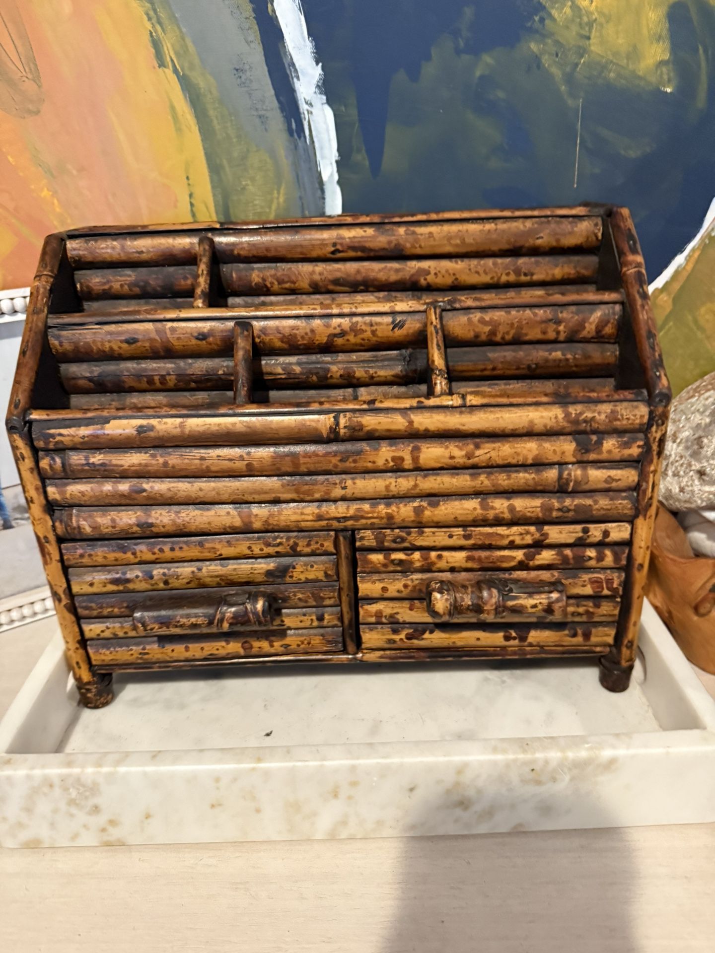 Vintage Boho Bamboo Wood Desk Organizer with Drawers