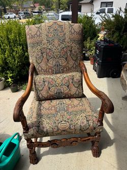 Vintage Carved Wood Tapestry Armchair