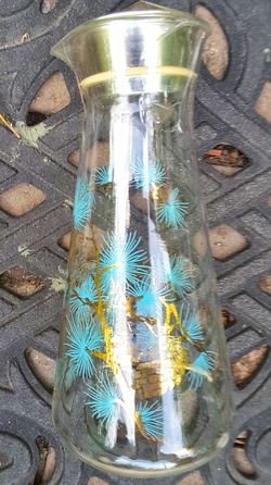 Mid century pyrex coffe bottle blue pine cone pattern w anodized aluminum measuring cup cap !