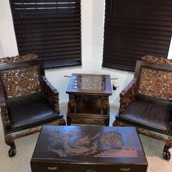 Antique Hand-Carved Asian Dragon Armchairs with Matching Glass-Top Table – 3-Piece Set