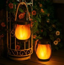 2 Pack Solar Lanterns Outdoor Waterproof, Flickering Flame Hanging Lanterns