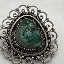 Vintage Made In Israel 935 Silver Brooch / Pendant Green Cabochon Eilat  Gemstone Unique Scroll Work 