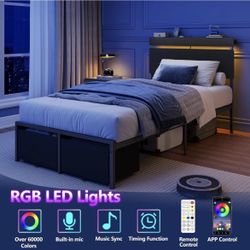 Twin LED Bed Frame w/ USB Charging, Storage Drawers & Shelf – No Box Spring 