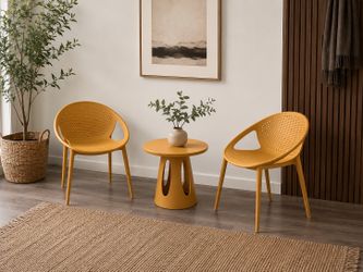 Modern Resin Patio Set – 2 Chairs + Side Table – Mustard Yellow