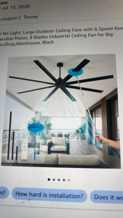 NEW FengMang 84” Ceiling Fan. Black, no light large outdoor ceiling fan with six speed, remote control, three down rods, DC reversible motor, eight bl