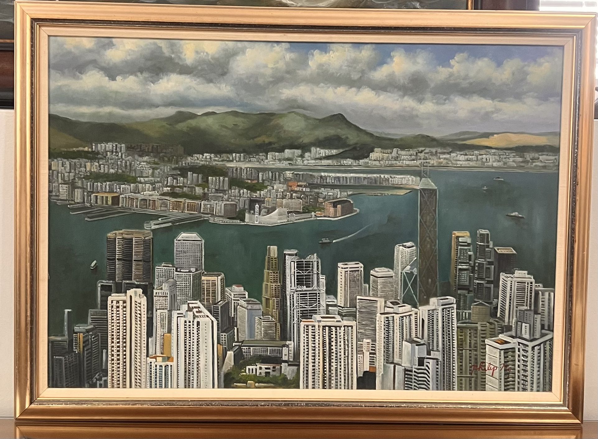 Hong Kong Aerial Over View , Oil Painting on Canvas with Signature by Philip ng.