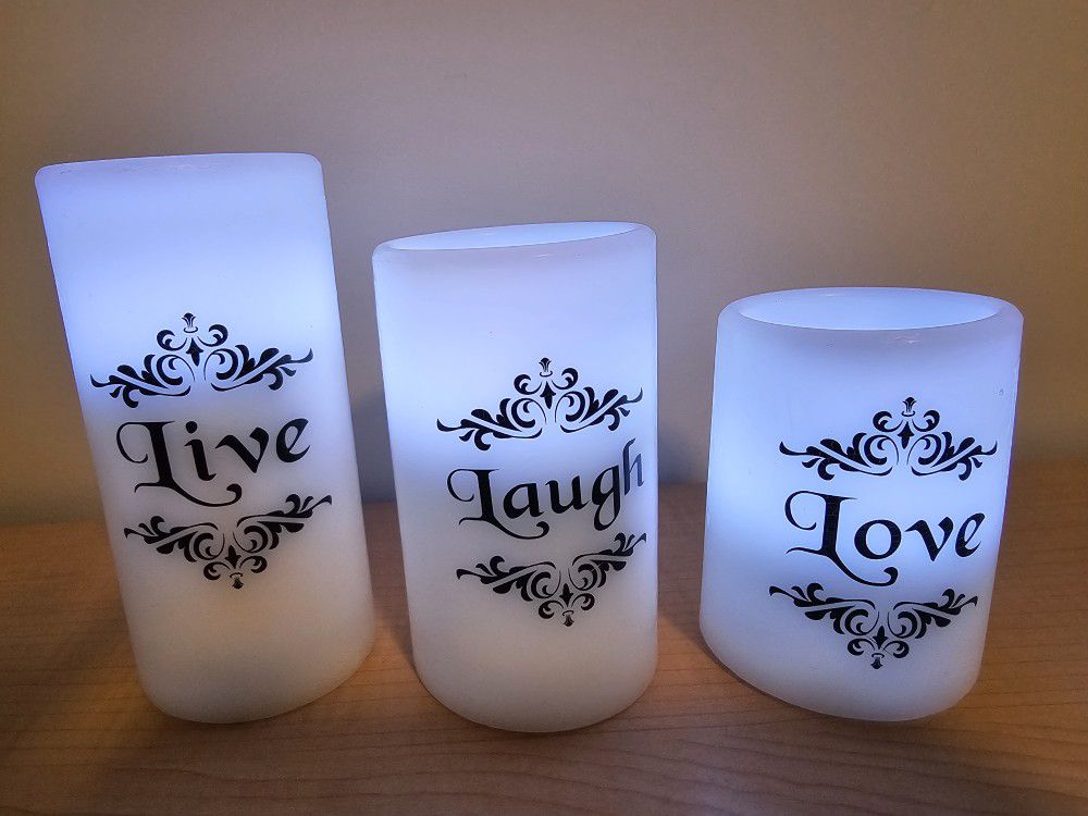 $15.00 - (3) LED Wax  Candles - "Live, Laugh & Love" Motif!  Batteries Included - Lowest Price!