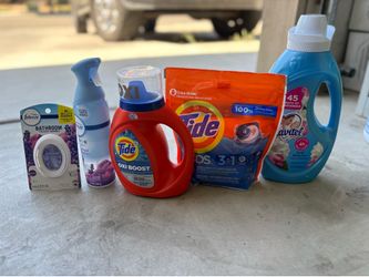 Tide detergent, suavitel & febreze spray & small space