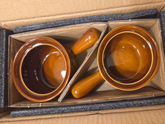 LE TAUCI 22 oz French Onion Soup Bowls, 4-Piece Ceramic Crocks with Handles, Oven & Microwave Safe Brown Stoneware, Stackable Bowls for Chili, Stew & 
