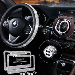 5 Pack Bling Car Accessories Set, Bling Steering Wheel Cover for Women Universal Fit 15 Inch, Bling License Plate Frame for Women, Rhinestone Car Deco