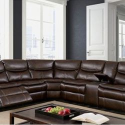 Brand New Brown Leather Reclining Sectional Sofa 