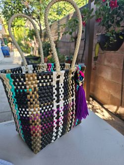 Multicolor Woven Tote Bag with Purple Tassel